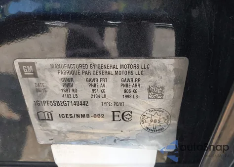 2016 Chevrolet Cruze Limited 2Lt Auto из США, поврежденный, VIN 1G1PF5SB2G7140442